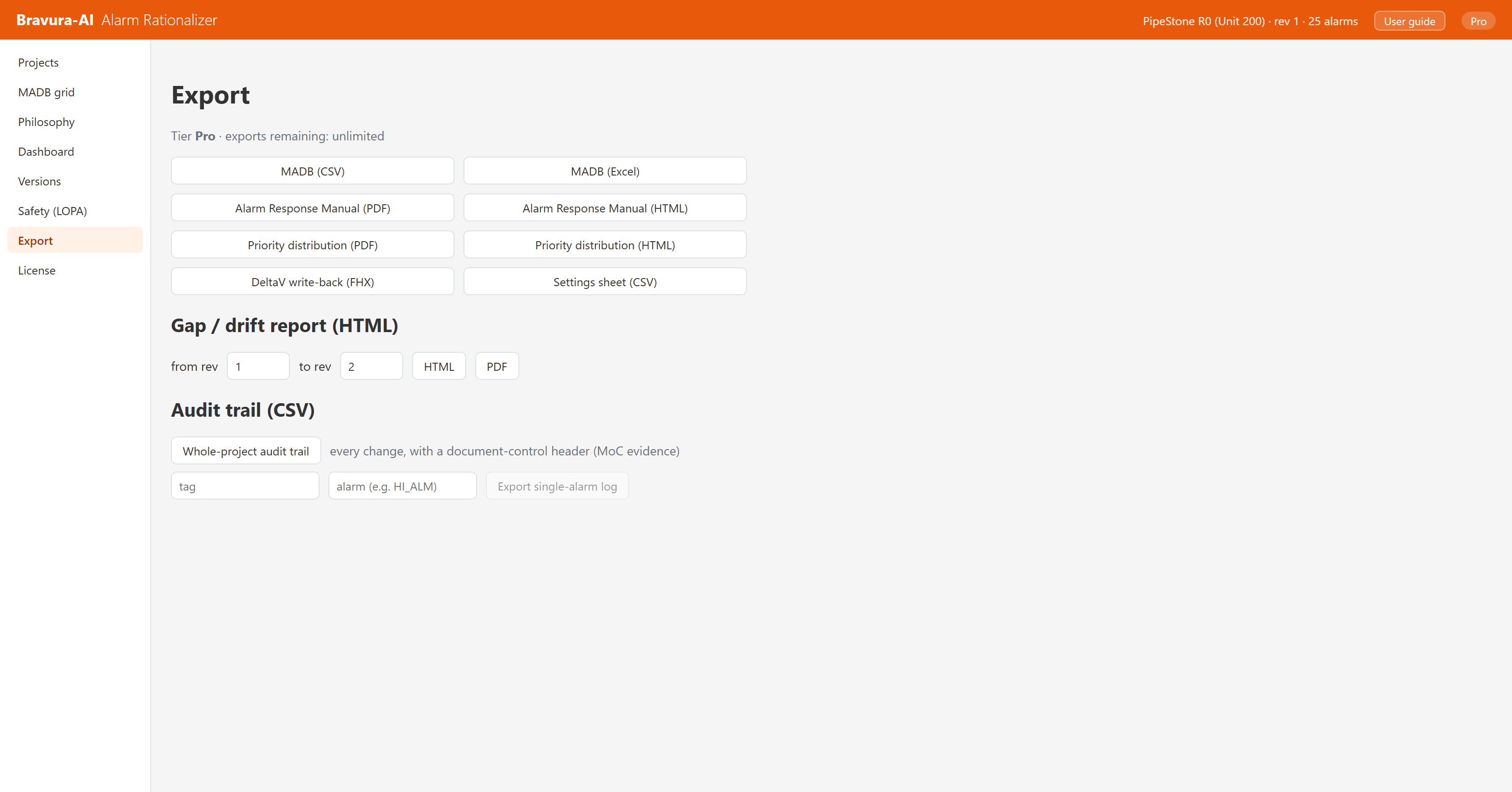Exports: MADB, Alarm Response Manual, FHX write-back, and audit trail