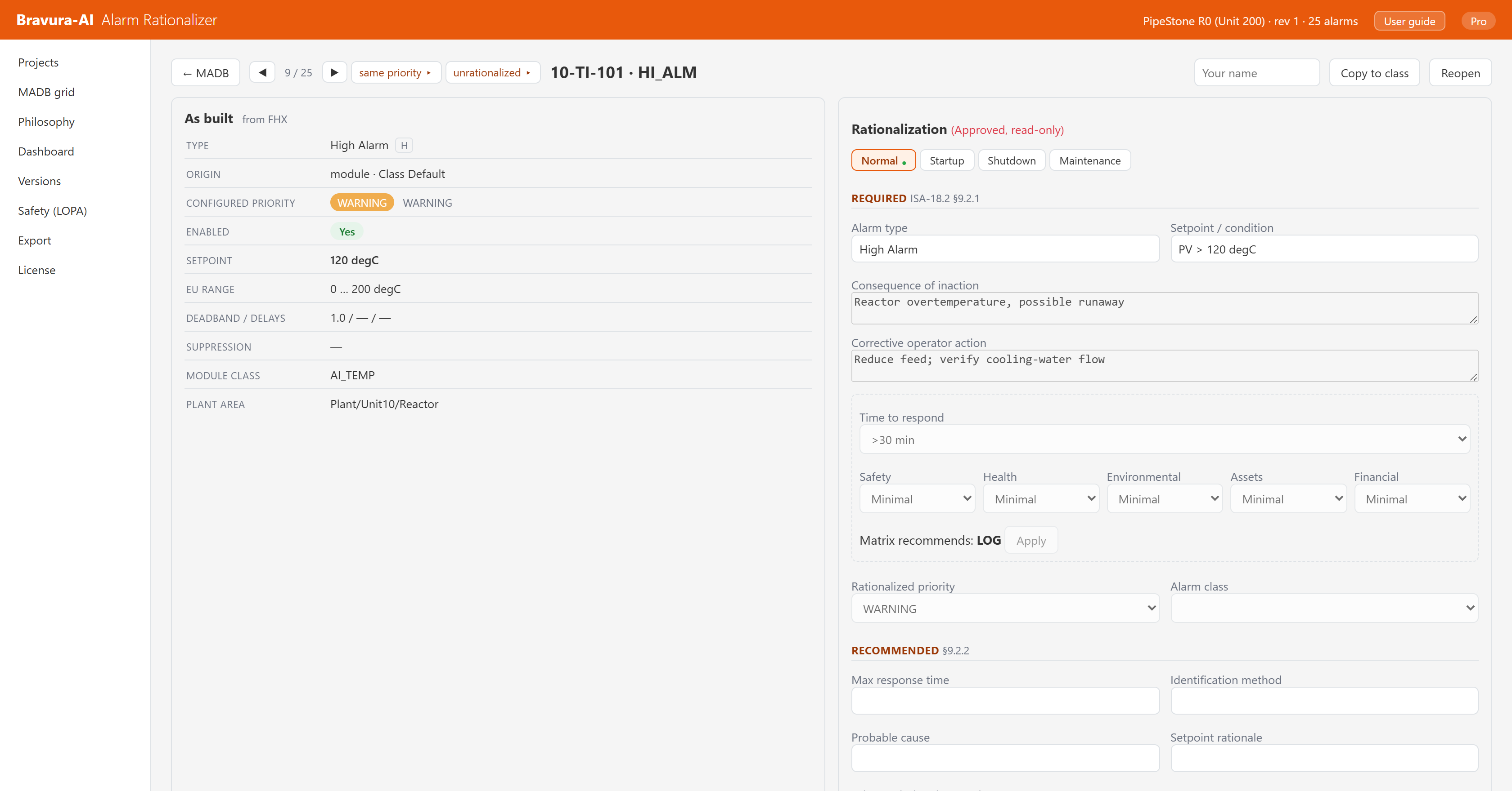 Guided rationalization form with ISA-18.2 mandatory fields and the priority matrix