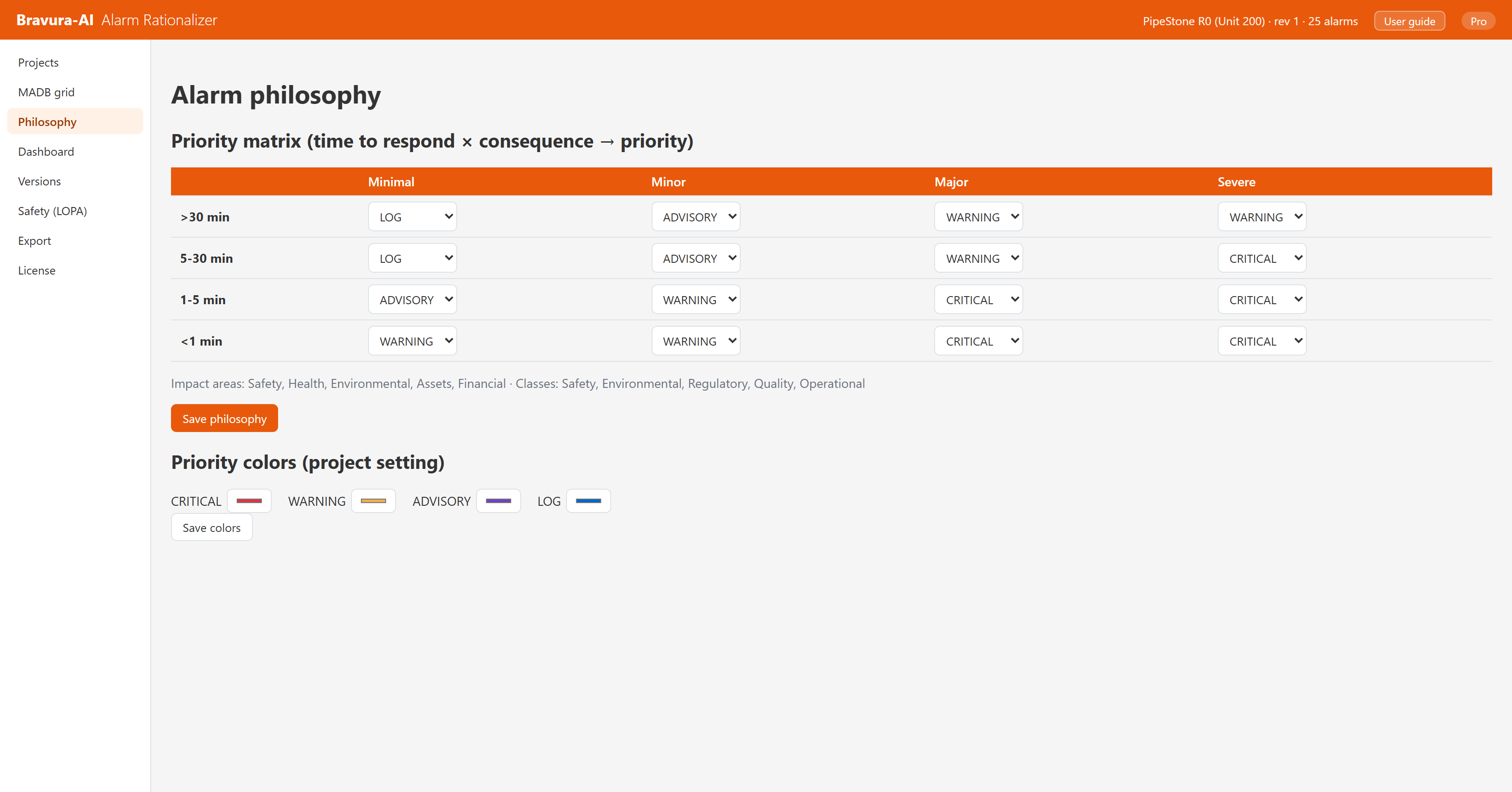 Alarm philosophy and audit settings